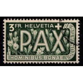 1945 - Schweiz - AFA 459 - Frimærke - PAX-Våbentilstand - 3 fr. mørkgrøn, gullig - Stemplet.